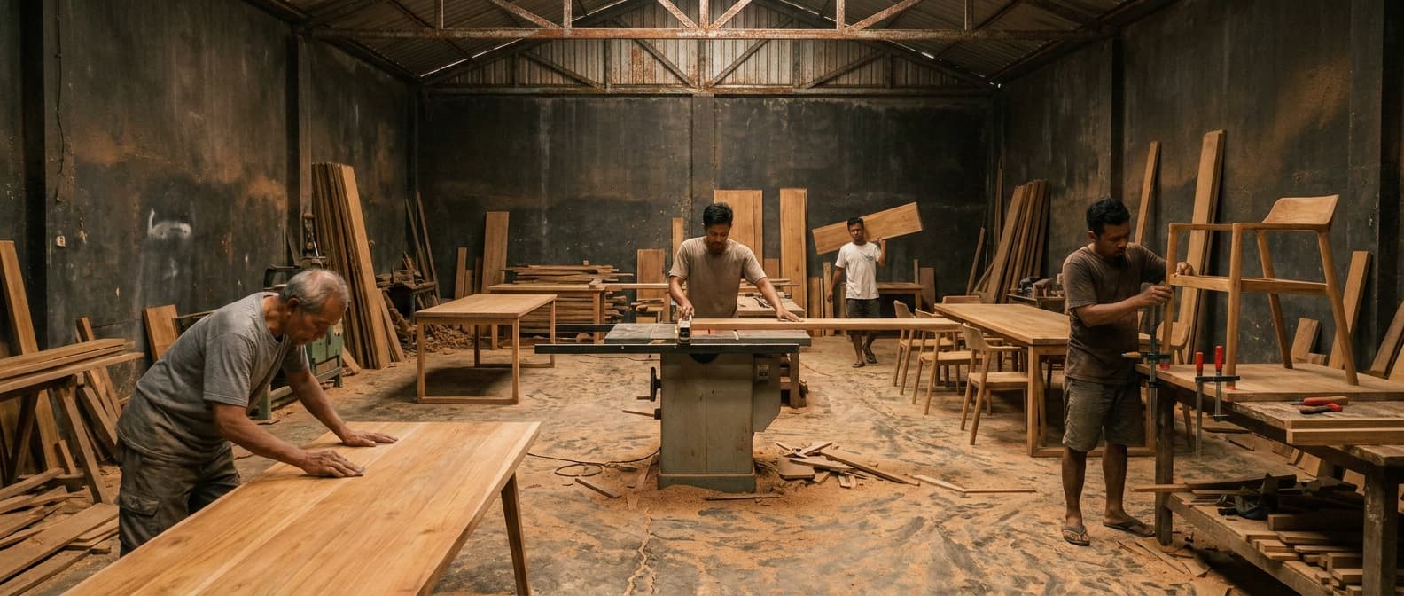 The workshop floor: one maker sanding a teak table top, another feeding a board through the table saw, a third carrying a plank and a fourth clamping a chair frame, with boards stacked along the walls.