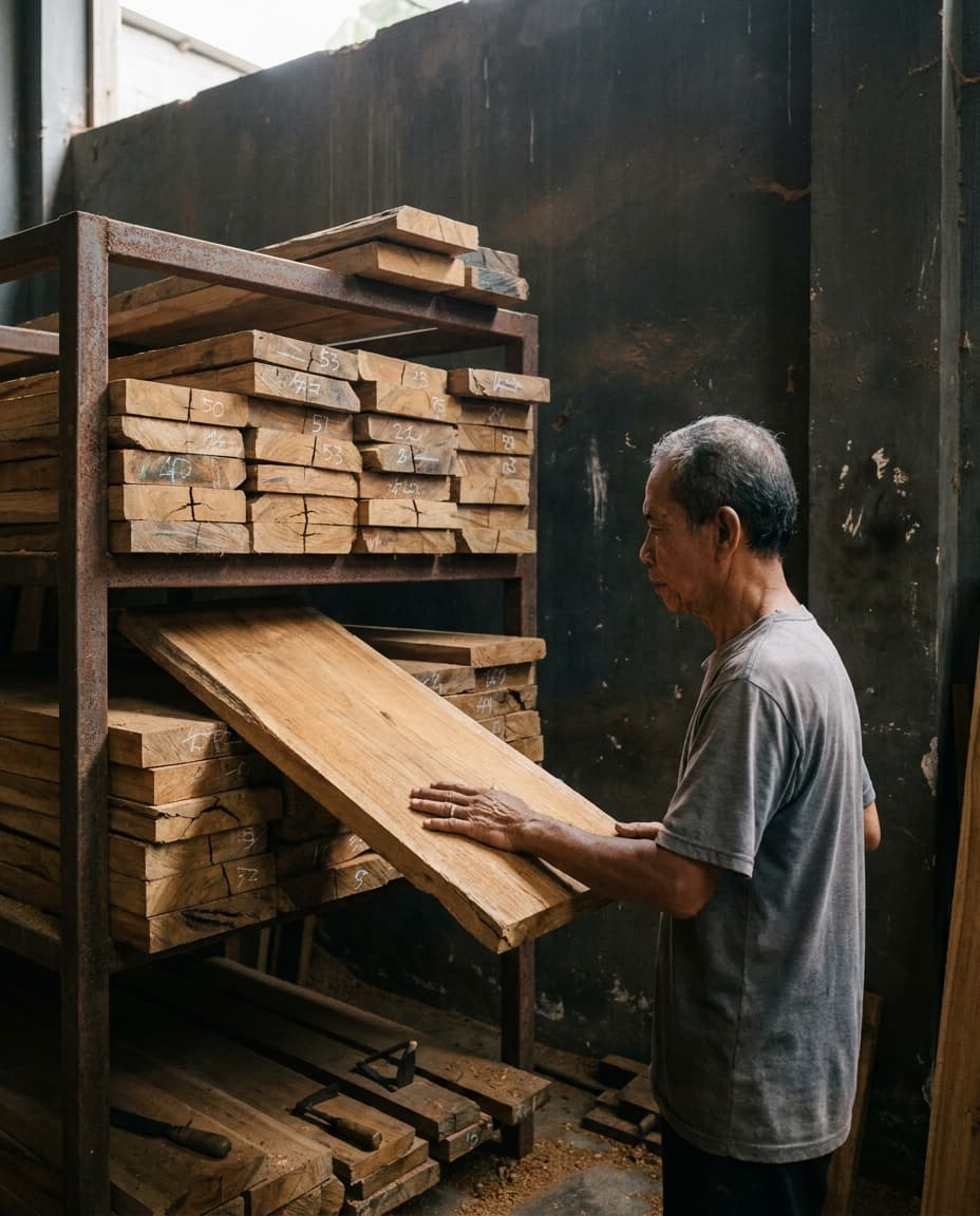 A maker choosing a teak board from a steel rack of stacked boards, each numbered in chalk.