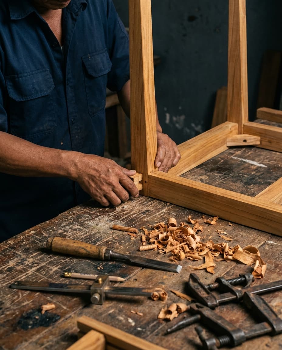 Hands fitting a joint into a teak frame on a worn workbench, a chisel, a marking gauge, clamps and curled shavings in front.