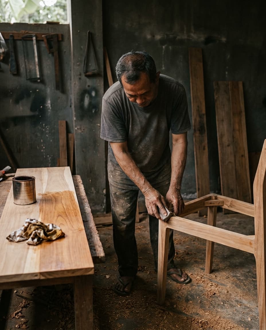 A maker hand-sanding the frame of a teak chair beside an oiled table top with a tin and a rag on it.