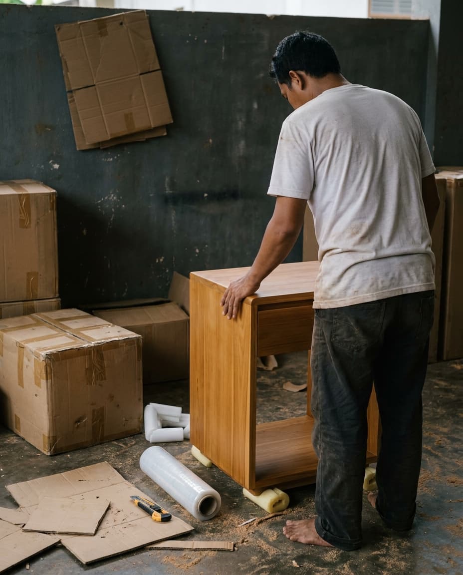 A maker checking a finished teak nightstand among cartons, foam corner guards and a roll of stretch film.