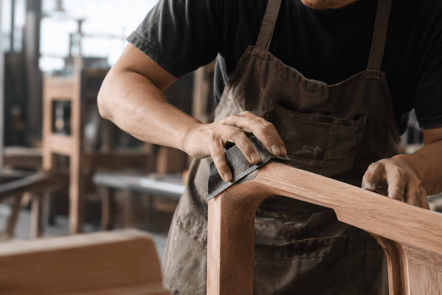 A maker in a canvas apron hand-sanding the curved frame of a wooden chair, the workshop behind him out of focus.